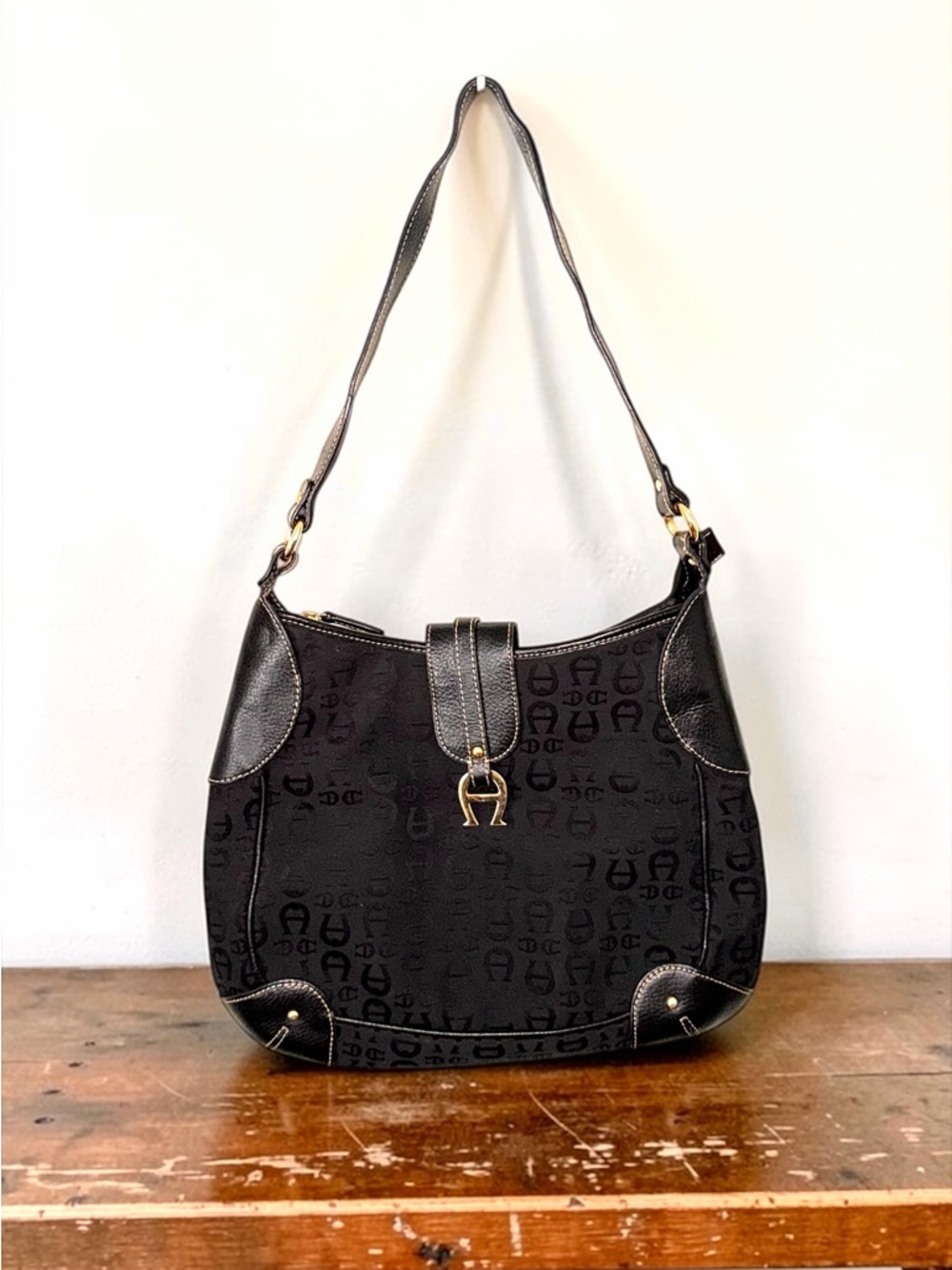 Vintage Etienne Aigner Black Monogram Horseshoe Buckle Shoulder Bag